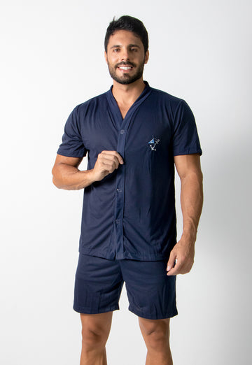 Pijama Curto Camisa Botões Marinho