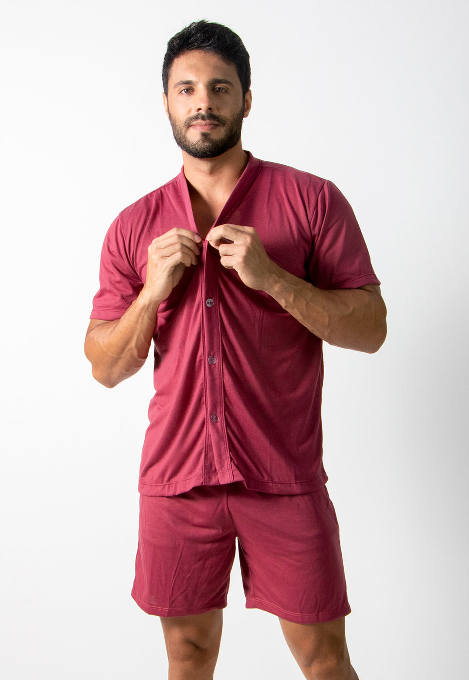 Pijama Curto Camisa Botões Vinho