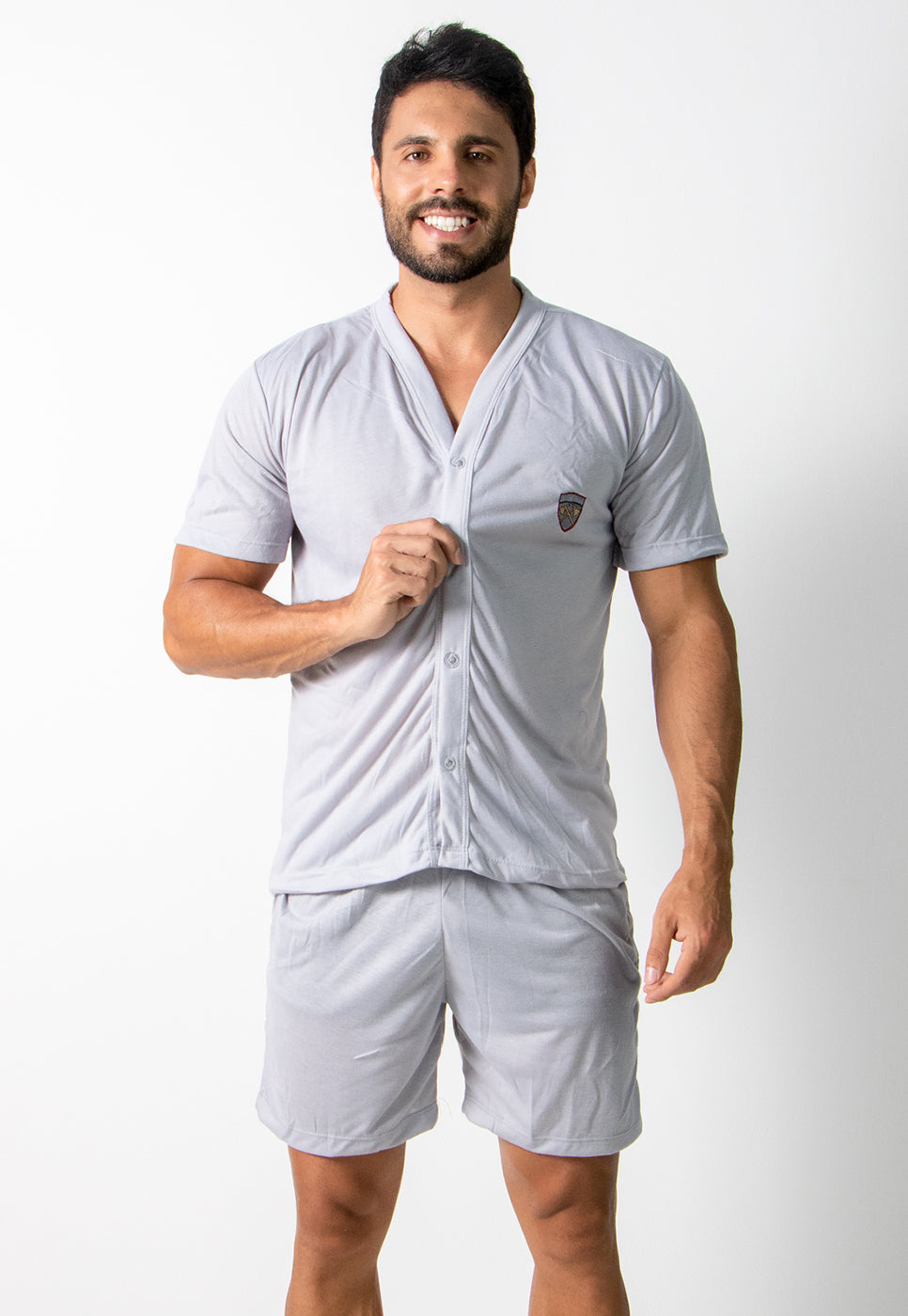 Pijama Curto Camisa Botões Cinza