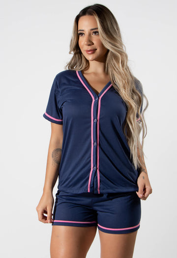 Baby Doll Pijama Botões Azul Marinho