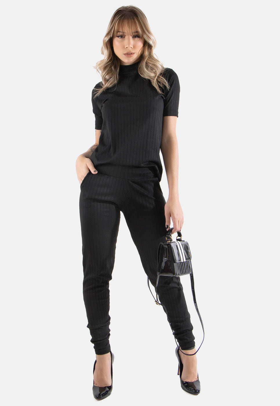 Conjunto Blusa e Calça Canelado Preto