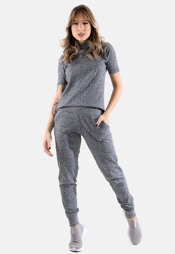 Conjunto Canelado Blusa e Calça Canelado Cinza